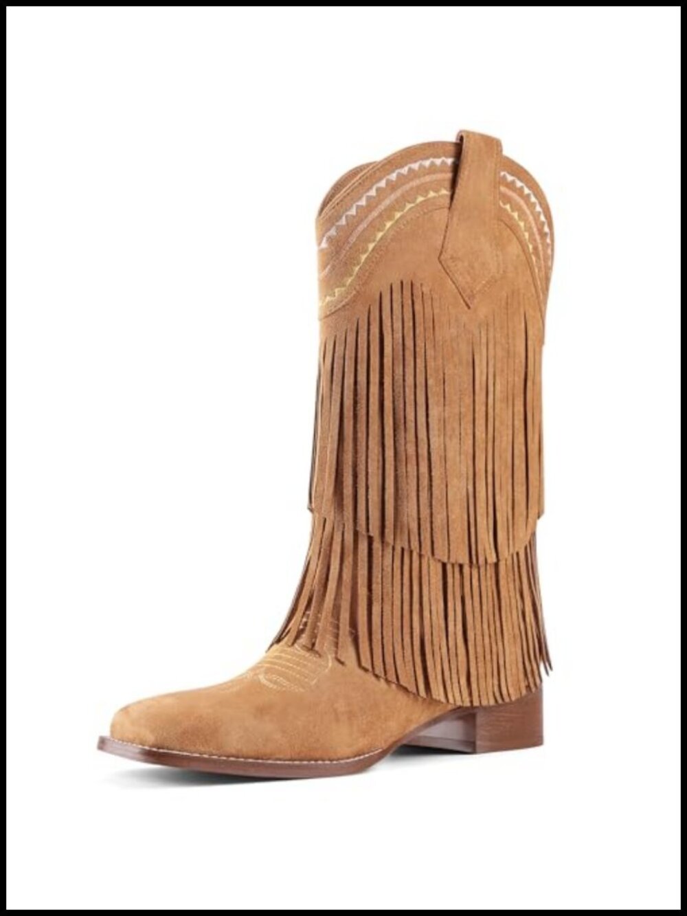Women's Fringe Mid Calf Cowgirl Boots Low Chunky Block Heel Square Toe Pull On